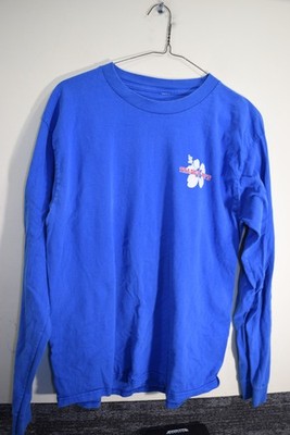 Trader Joe's Employee Worker T Shirt MEN L Blue Hibiscus Flower Joes WORN LOOK