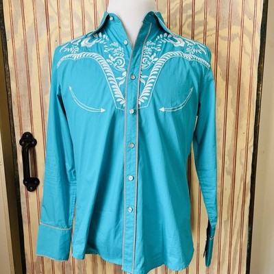 Daupanzees Turquoise Embroidered Western Shirt Button Up Rodeo Urban Cowboy M