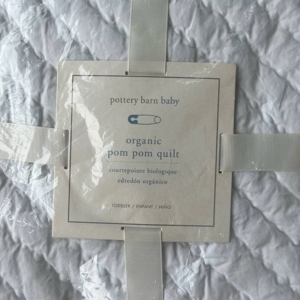 Pottery Barn Baby Organic Pom Pom Quilted Crib Bedding Quilt Sham Skirt NEW - Image 3 of 4