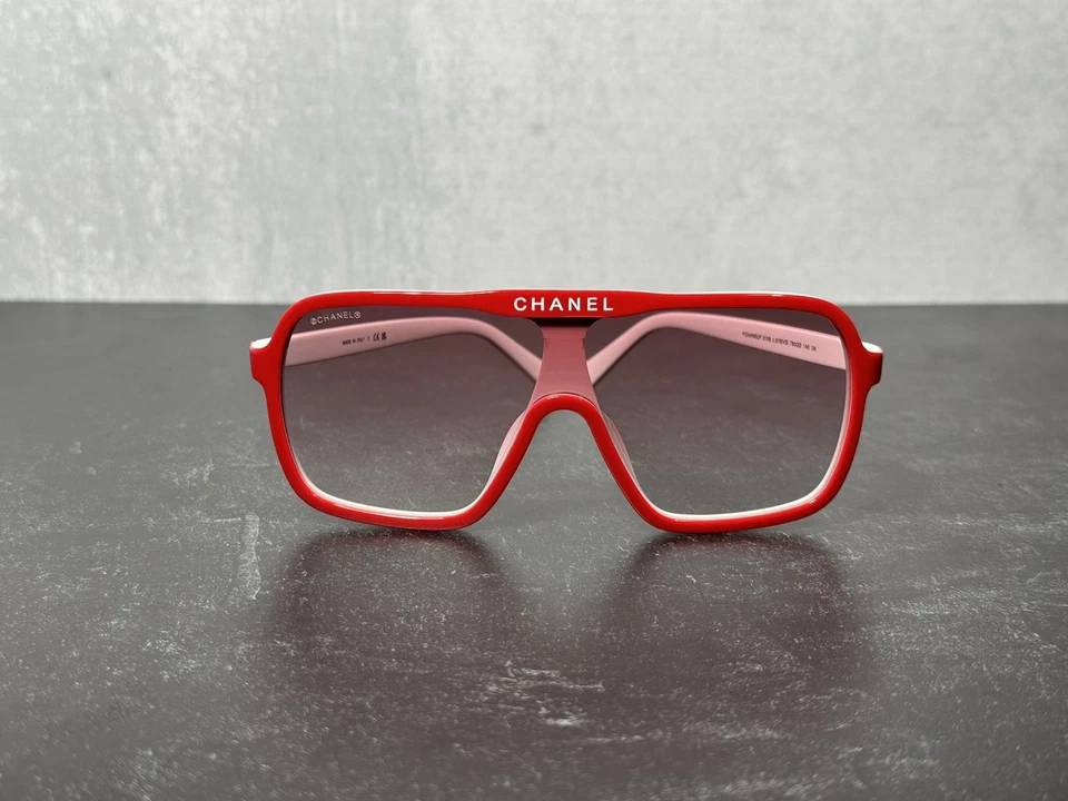 CHANEL 9158 SHIELD SUNGLASSES c.816/VH RED & WHITE w/MIRROR LENS! SHIPS TODAY! - Image 2 of 4