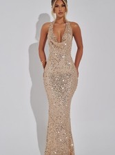 Sequin Mesh Maxi Dress, Low Backless Gown, Party Dress, Glamour, Gold
