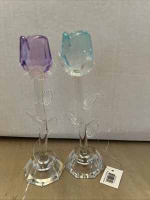 2 Pc Lot Beautiful crystal Glass Lavender & Light Blue Rose/Flowers