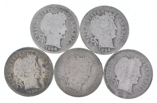 Better Lot 5 1908-D 1892 1908-D 1910-S 1905-S Barber Dime 0.50 Face *276