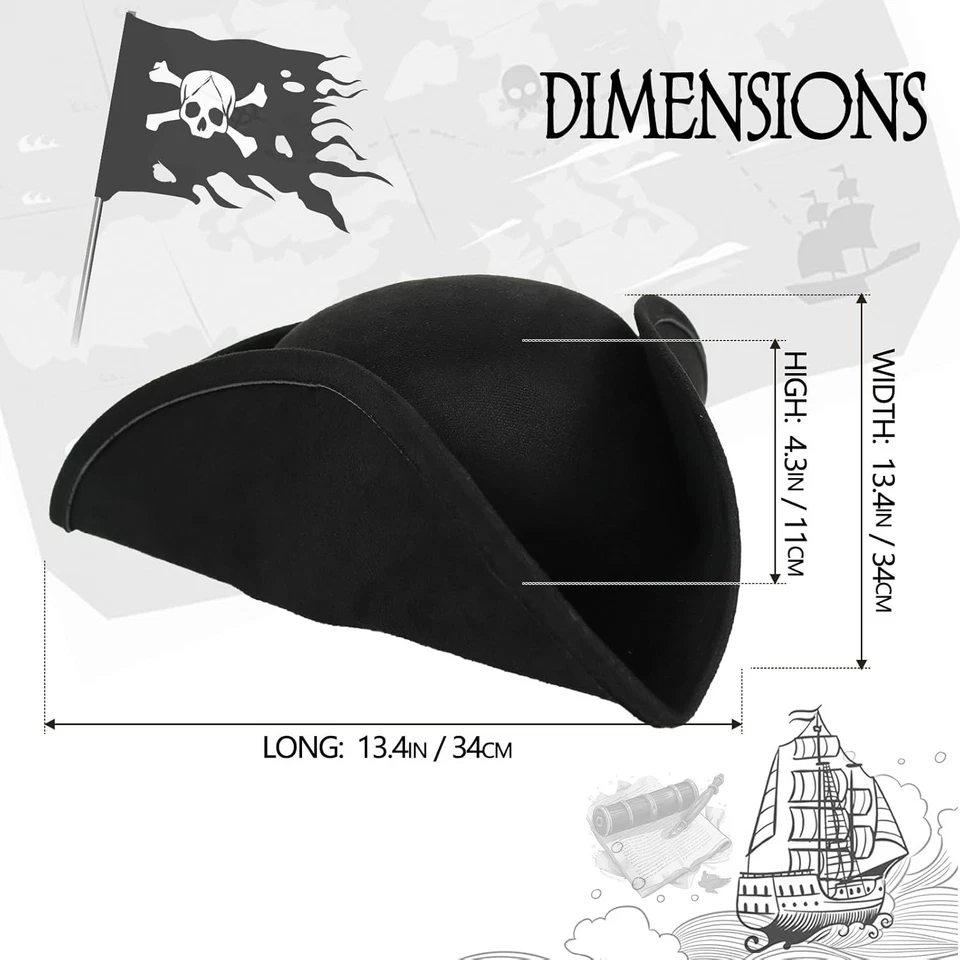 Authentic Black Pirate Hat for Adult Leather Tricorn Hat Halloween Colonial C… - Image 2 of 4
