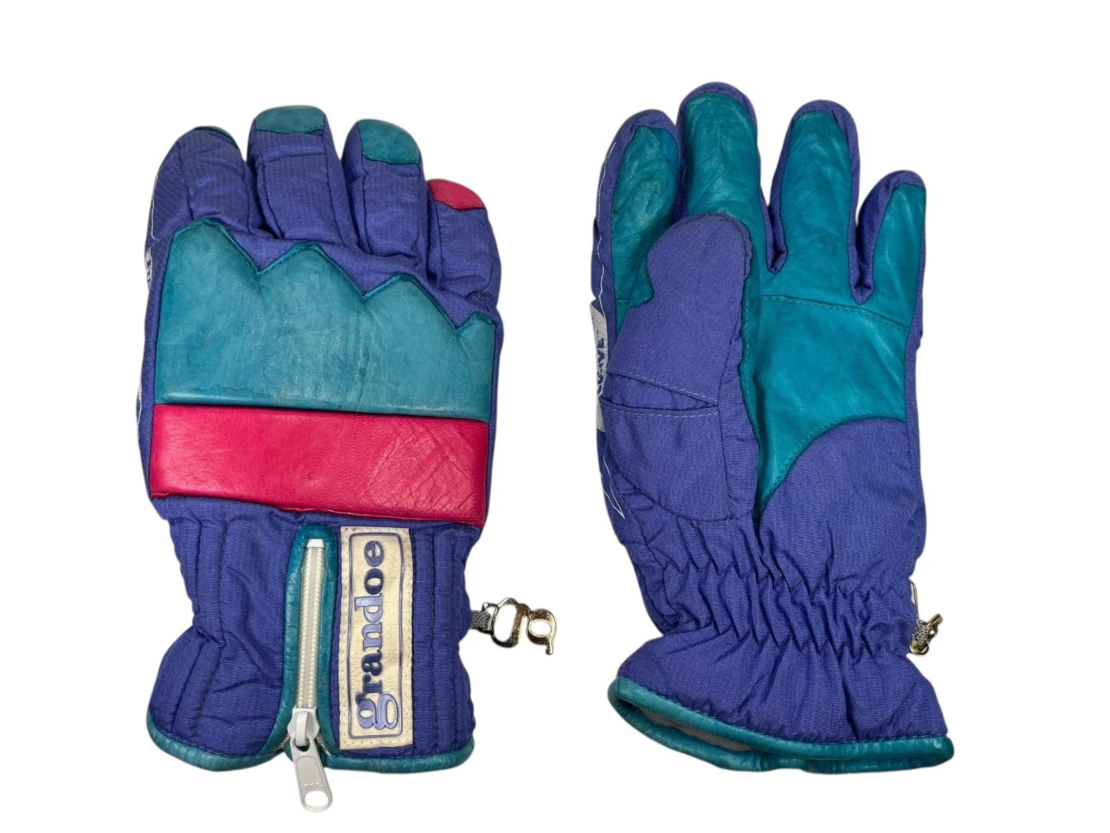 Vtg 90s GRANDOE Teal-Purple LEATHER-PALM SKI GLOVES Winter Snowboard Hike Men S