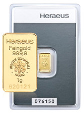 Gold Bar Heraeus 1 Gram 999.9 Fine Blister Card with Certificate 1g Gold Hanau 4281.08 per troy oz