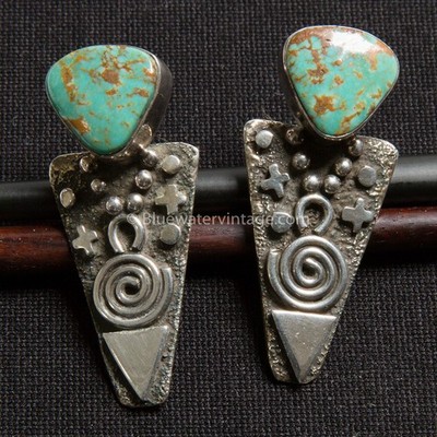 Navajo Sterling Turquoise Petroglyph Earrings famous maker Alex Sanchez EX!