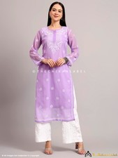 Lavender Georgette Chikankari Straight Kurta With Inner, Lucknowi Chikankari Top