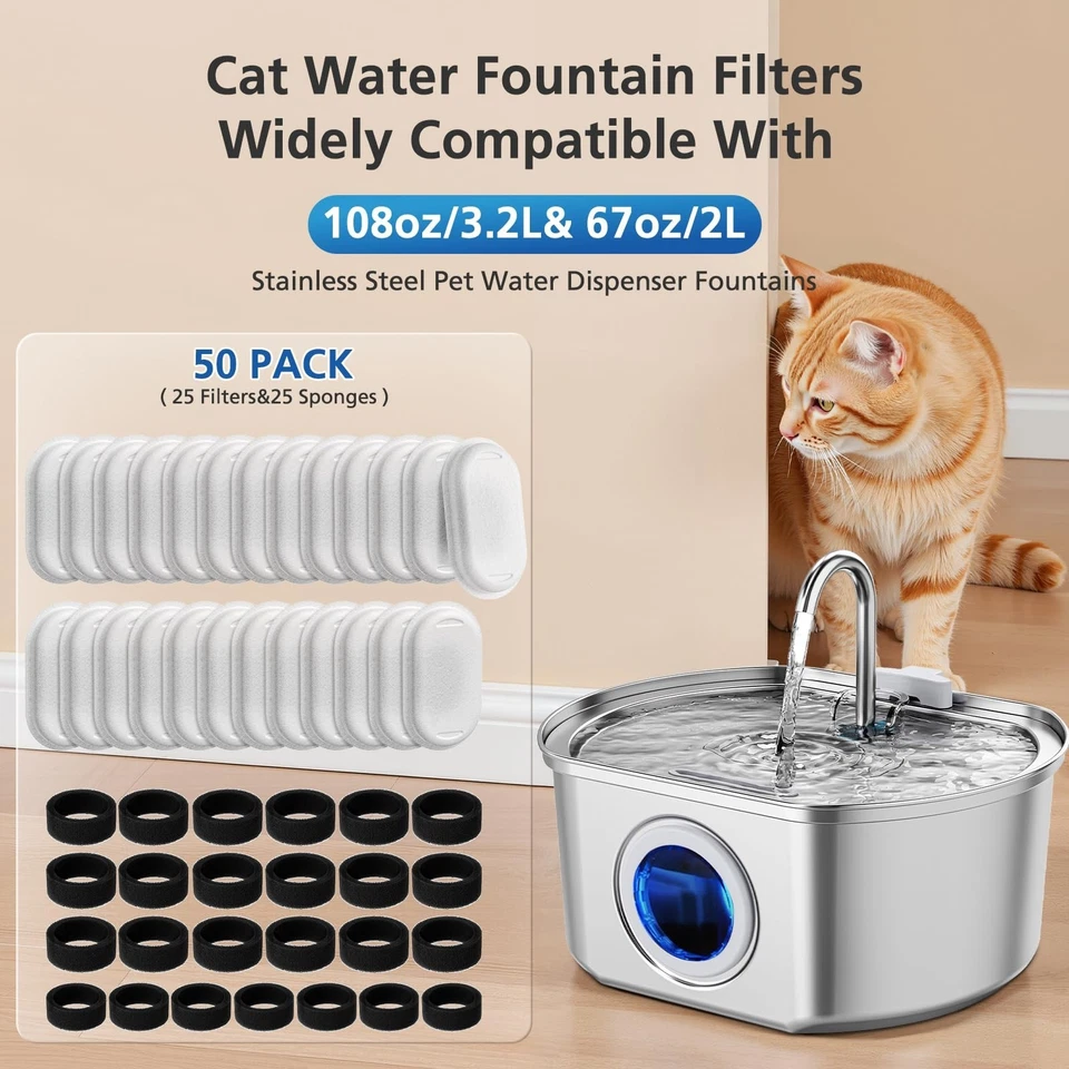 Paquete de 50 filtros de fuente de agua para gato de repuesto para 108/3,2 L y 67 oz/2 L de acero inoxidable Foto 2 de 4
