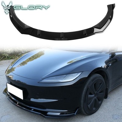 Fits 24-25 Tesla Model 3 3PCS IKON Style Front Bumper Lip Spoiler PP Gloss Black