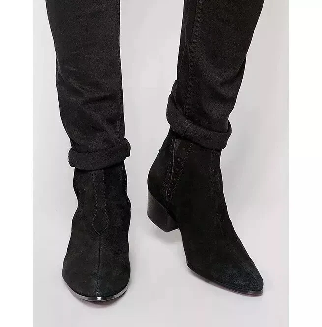 New Handmade Mens Classic High Ankle Black Suede Leather Chelsea Boot For Men