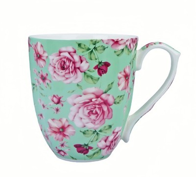 YUESITE 14oz Bone China Coffee Mugs for Women Floral 14 Ounces, Pale Green 