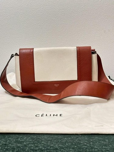 CELINE Shoulder Hand Bag White Brown Leather Small Purse Authentic Rare FS JAPAN