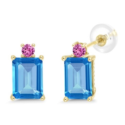 3.90 Ct Octagon Swiss Blue Topaz Pink Created Sapphire 10K Yellow Gold Earrings
