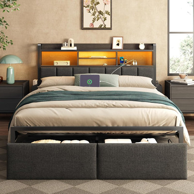 Furnulem Queen Bed Frame with Storage Drawers, Upholstered Headboard with LED Li