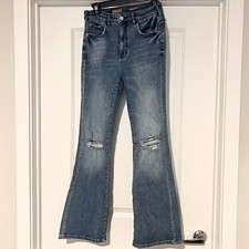 Pilcro The Icon Flare Jeans Women s 27 Blue Denim High Rise Distressed Knee