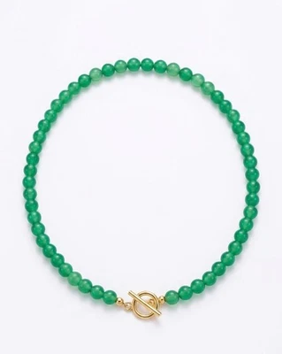 Green Agate Round Gemstone Beads 18k Gold plated Men Women Necklace 45cm - Image 1 of 3