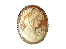 Vintage 9ct Yellow Gold Shell Cameo Brooch Pendant Hand Carved Lady Rose SS 375