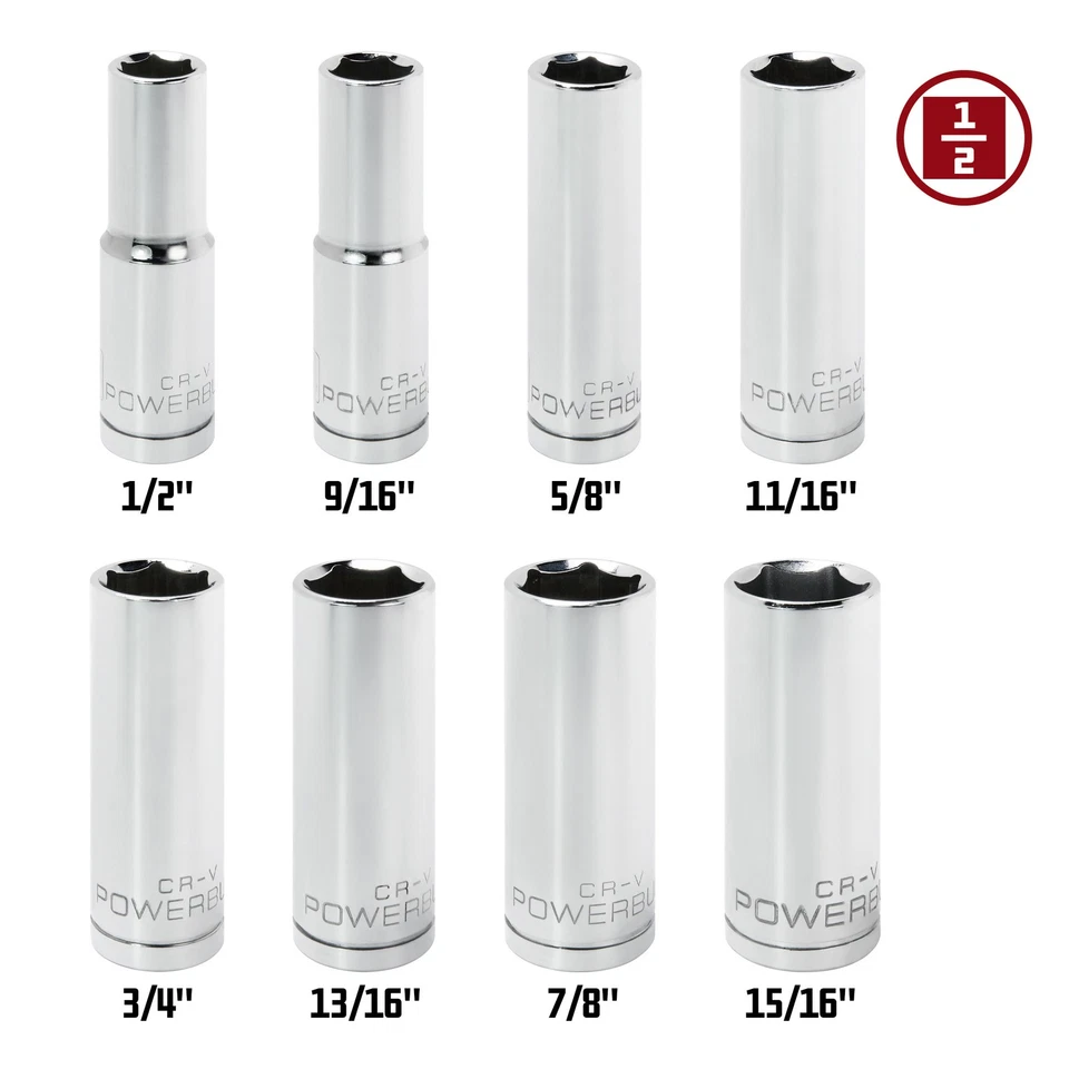 Powerbuilt 8 Piece 1/2 Inch Drive SAE 6 Point Deep Socket Set - 640056 - Image 2 of 4