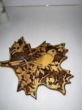 Wall Hanging Hand Made Wood Maple Leaf with Bird etched on it.
