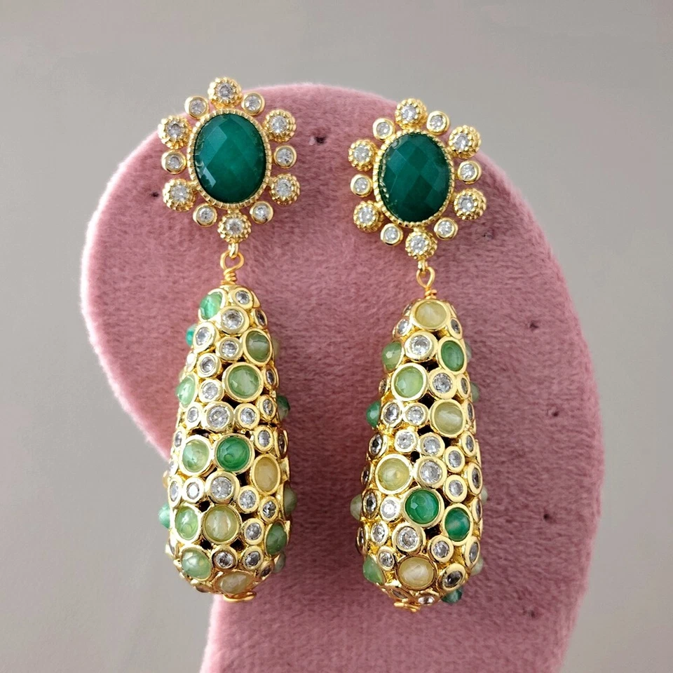 Pendientes colgantes de jade verde lágrima recortada de cuarzo fluorita real regalo Foto 2 de 4