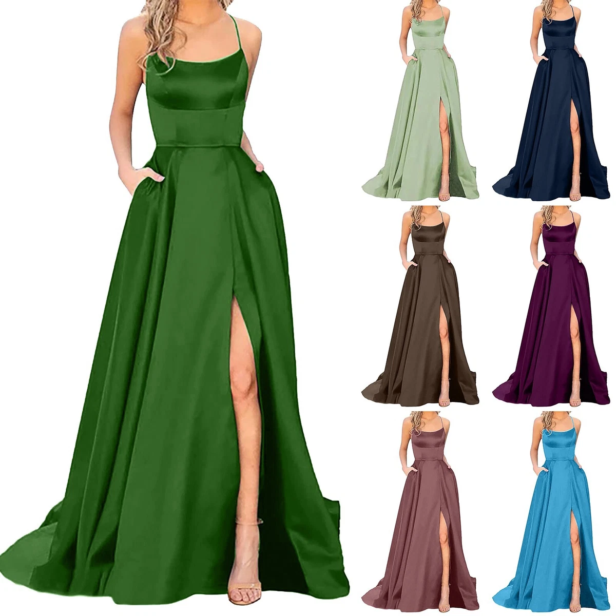 Women Elegant Halter Backless Long Dress Satin Spaghetti Party Prom Side Slit