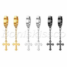 6pcs Men's Women's Stainless Steel Cross Tassel Dangle Drop Hoop Earrings Studs