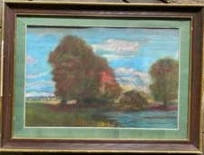 ::LAKE SHORE TREES FOREST REEDS MOUNTAINS MEADOW AUTUMN SUN FOLIAGE SKY CLOUDS ANTIQUE