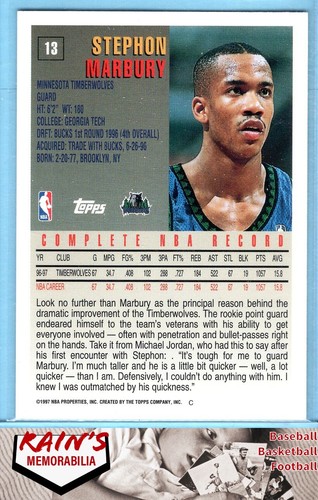 Stephon Marbury 1997Topps "" #13 Minnesota Timberwolves - Picture 2 of 2