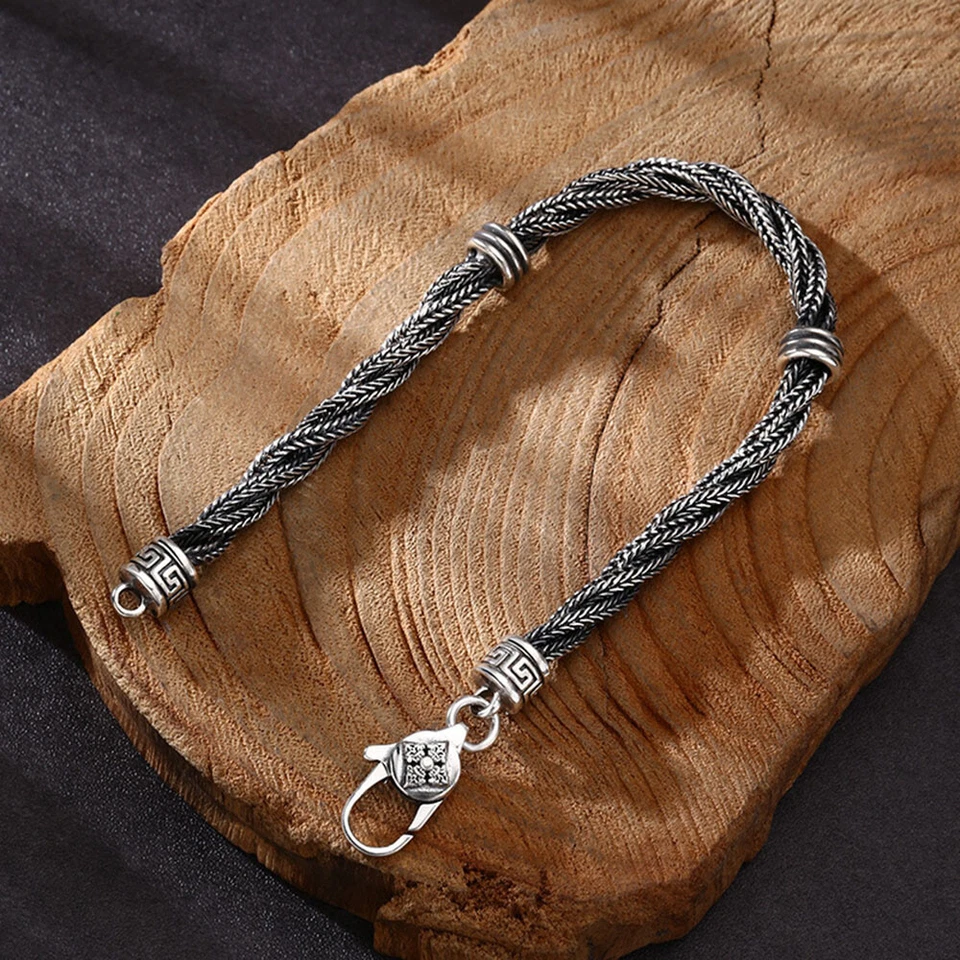 Pure Solid Sterling Silver 925 Twist Wheat Foxtail Chain Bracelet 7.87"L - Image 4 of 4