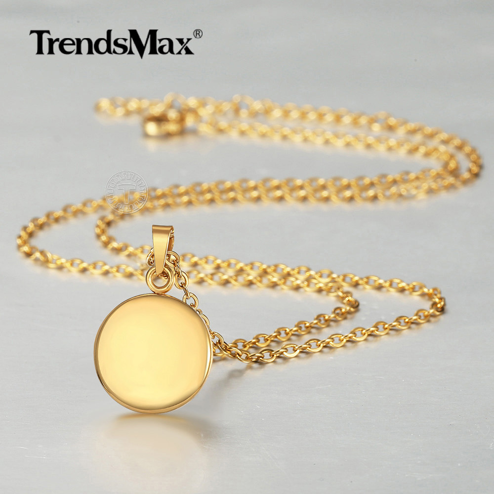 Gold Plated Stainless Steel Blank Pendant Necklace Round Tag Charm Rolo