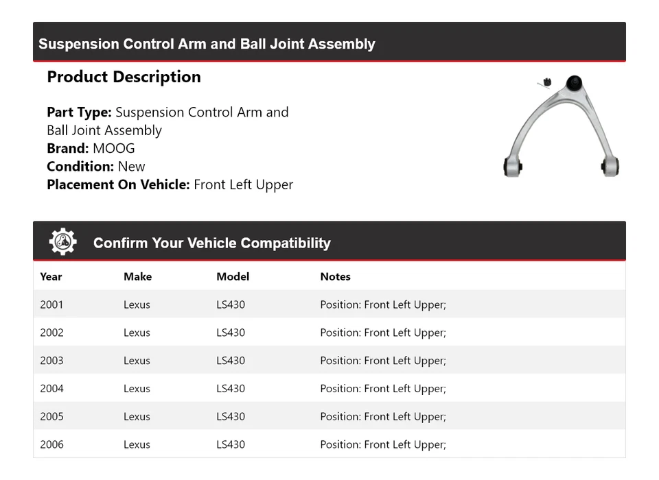 Conjunto de rótula de brazo de control delantero izquierdo superior MOO para Lexus LS430 2001-2006 Foto 2 de 4