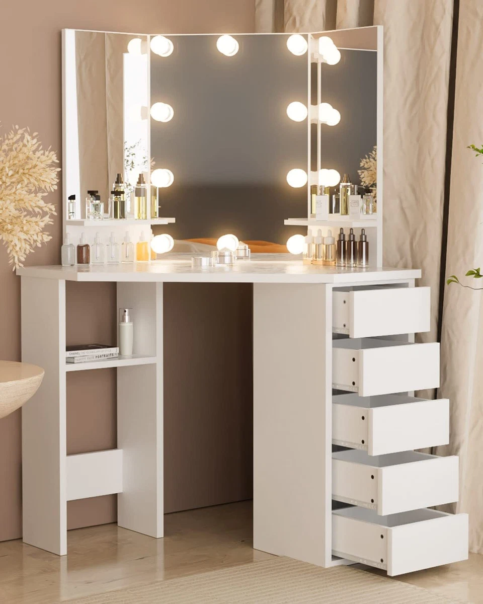 Makeup Corner Vanity Desk with Drawers Mirror and Light for Small Space  Dresser