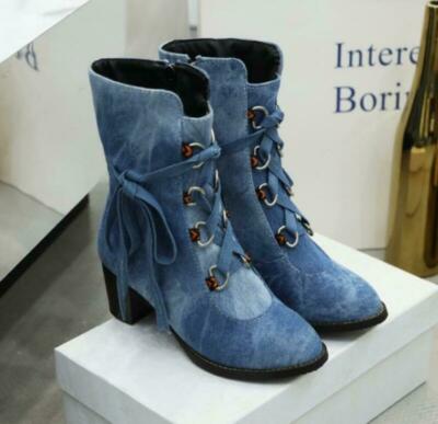 Womens Retro Round Toe Lace Up Denim Ankle Boots Zip Block