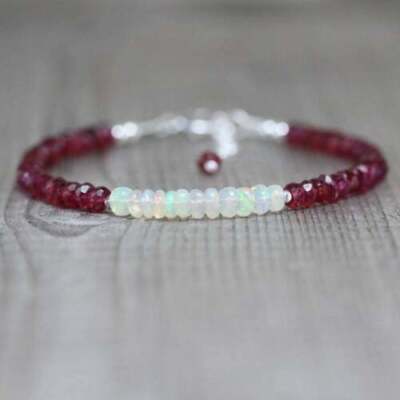 Natural Ethiopian Opal & Red Garnet Beads Bracelet In 925 Silver Clasp 7''
