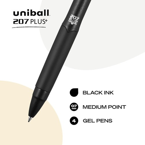 Uniball Signo 207+ Gel Pen 4 Pack 0.7mm Medium Black Pens Gel Ink Pens Office - Picture 2 of 8