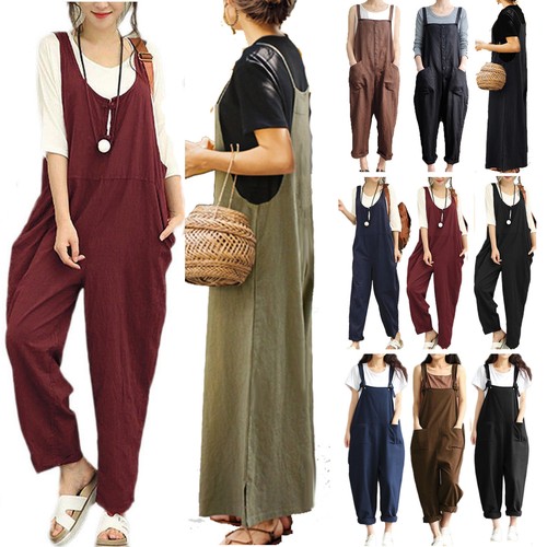 Da Donna Cotone Lino Tuta Salopette pagliaccetto con cinturini Harem  Pantaloni Salopette. | eBay