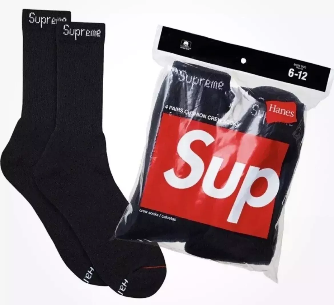 SUPREME / CHAUSSETTES NOIRES HANES / DEUX PAIRES DANS L'EMBALLAGE / 100% AUTHENTIQUES / NEUVES MARQUE