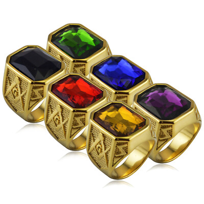 Vintage Masonic CZ Stone Wedding Ring Stainless Steel Retro Biker Signet  Ring