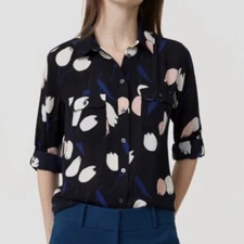 Loft Button Up Navy Blue Tulip Print Top Sz Small