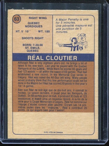 1974 O-PEE-CHEE (OPC) WHA Hockey # 63 Real Cloutier (NM-MT) - Picture 2 of 2