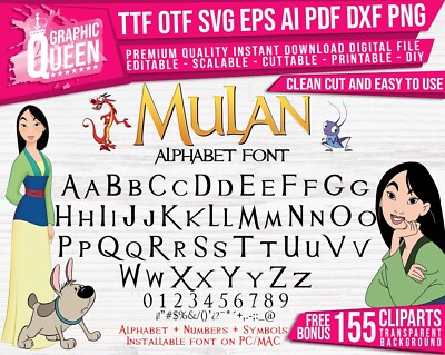 MULAN font TTF SVG +20 PNG Clipart Installable Mac iOS Windows Android Cricut