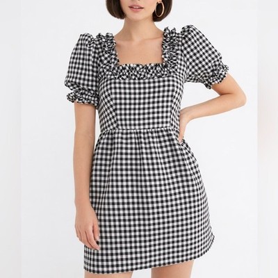 Lykke Wulf Charlotte Ruffle Dress Women's Small Gingham Cotton Puff Sleeve Mini 