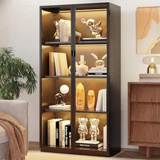 Glass Door Display Cabinet with LED Lights, 3 Adjustable Shelves