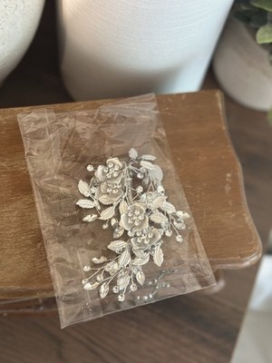Silver Tone Floral Flower Beaded Metal Barrette Hair Clip for Women, Formal