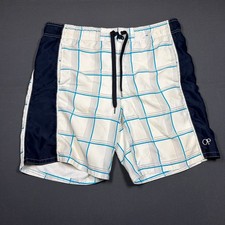 Vintage OP Ocean Pacific Board Shorts White Plaid Navy Swim Trunks M Y2K Grunge