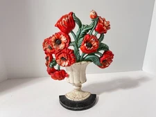 ANTIQUE HUBLEY #440 CAST IRON DOOR STOP RED FLOWERS IN URN
