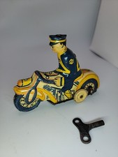 VTG 1930's LOUIS MARX MYSTIC TRICKY POLICE MOTORCYCLE TIN WIND-UP TOY. WORKS 