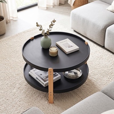 2-Tier Round Coffee Table w/Open Storage Shelf, Solid Beech Wood Legs for Home