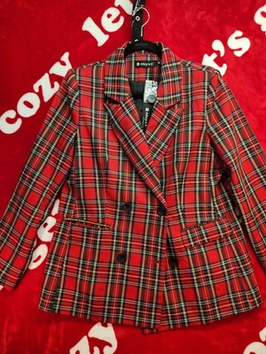 Allegra K Plaid Blazer Womens M Red Tartan Double Breasted Jacket NWT